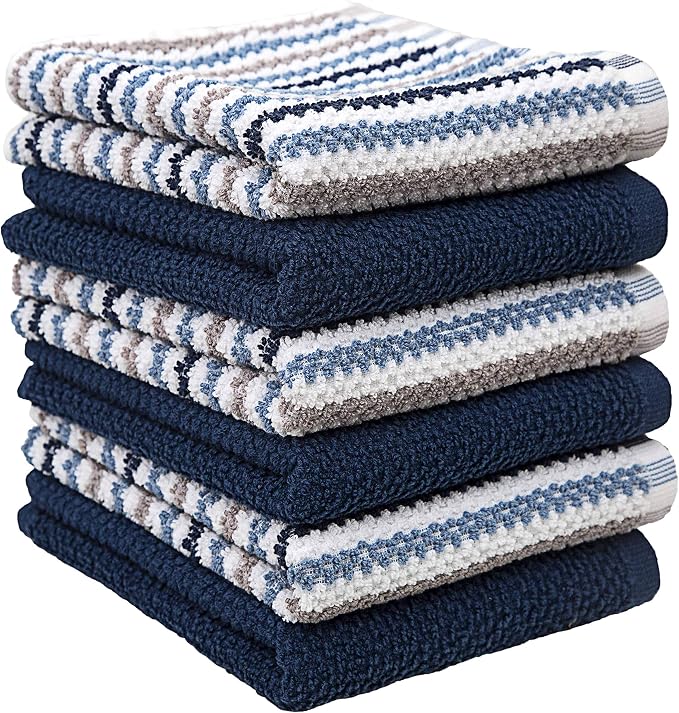 Premium Kitchen Towels (16”x 26”, 12 Pack) | Large Cotton Kitchen Hand Towels | Popcorn Striped Design | Dish Towels | 430 GSM Highly Absorbent Tea Towels Set with Hanging Loop | Blue