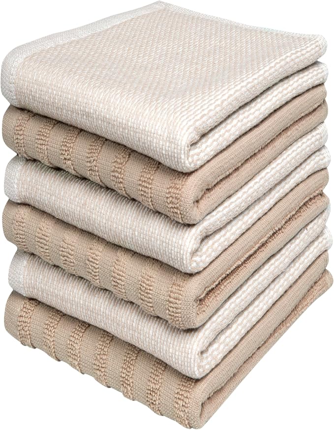 Bumble Premium Dish Cloths 13"x13" (6 Pack) | 100% Natural Ring Spun Cotton | 400 GSM | Highly Absorbent & Soft |Yarn Dyed & Solid Dyed Terry Dish Cloth Set - Tan