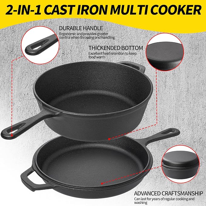 Vivicreate 2 in 1 Cast Iron Dutch Oven Pot with Skillet Lid Pre Seasoned Multi Cooker for Baking Frying Roasting Camping Compatible with All Stoves olla de hierro fundido sartén
