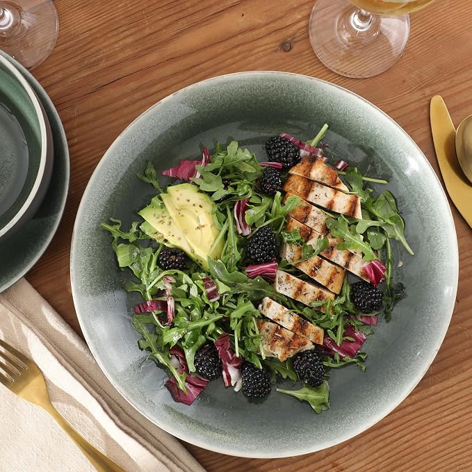 Gibson Elite Pine Coast Plates and Bowls Sets, 12-Piece Stoneware Dinnerware Sets, Reactive Glaze Dish Set - Green