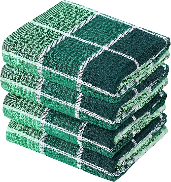 Bright Large Kitchen Towels, 4-Pack, 16 Inch x 26 Inch Buffalo Check Dish Towels for Washing Drying Dishes, Colorful Waffle Design Tea Towel Bar Towel (Green)