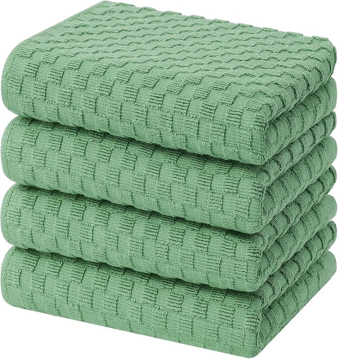 Homaxy 100% Cotton Terry Kitchen Towels(15" x 25", 4 Pack), Grass Green | Soft and Super Absorbent Dish Towels, 380 GSM Reusable Tea Towel with Hanging Loop, Pineapple Grid Designed