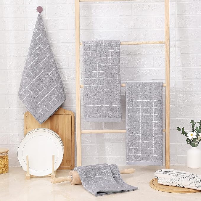 Homaxy 100% Cotton Terry Kitchen Towels, 4 Pack, Light Grey | Ultra Soft and Absorbent Dish Towels for Kitchen, Suitable for Drying and Washing Dishes