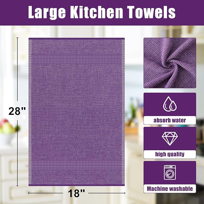 Homaxy 380 GSM Cotton Premium Kitchen Towels 3 Pack, 18"x 28", Purple | Flat and Terry Dish Towels, Highly Absorbent Tea Towel Set with Hanging Loop, Soft Utility Kitchen Hand Towels
