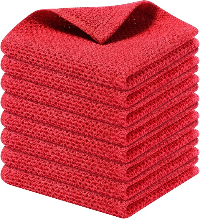 Kitinjoy 100% Cotton Waffle 8-Pack Kitchen Towels, 12" x 12", Red | Ultra Absorbent, Super Soft, lightweight, Quick Drying Dish Rags for Washing Dishes