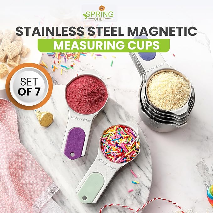 Spring Chef Magnetic Stainless Steel Measuring Cups Set of 7, Winter Frost | Patented Metal Measuring Cups for Measuring Dry or Liquid Ingredients, Easy to Read Markings, Dishwasher Safe Magnetic Cups