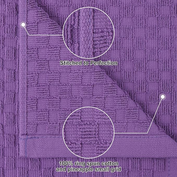 Homaxy 100% Cotton Terry Kitchen Towels(15" x 25", 6 Pack), Purple | Soft and Super Absorbent Dish Towels, 380 GSM Reusable Tea Towel with Hanging Loop, Pineapple Grid Designed