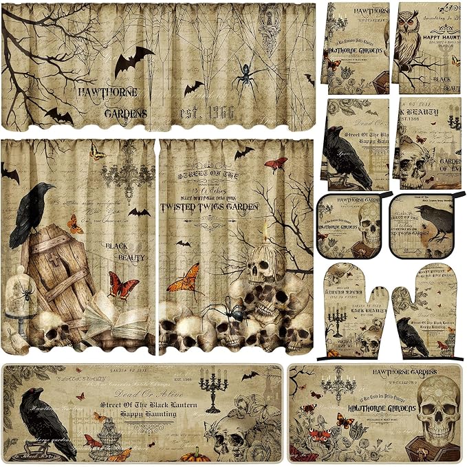 13 Pack Vintage Gothic Halloween Kitchen Decor Set, 3 Curtain Valance 2 Non Slip Rugs 4 Kitchen Towels 2 Pot Holders 2 Oven Mitts, Skull Raven Owl Spooky Print for Cooking Baking