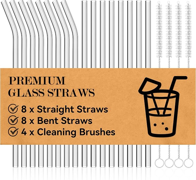 Foogwee® 20 Packs Reusable Glass Straws Set, 8.5'' x 10mm Clear Drinking Straws for Smoothies, Shakes, Coffee, Juice, Sodas, Milk, Tea, Cocktails, Set of 8 Straight and 8 Bent with 4 Cleaning Brushes