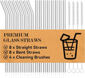 Foogwee® 20 Packs Reusable Glass Straws Set, 8.5'' x 10mm Clear Drinking Straws for Smoothies, Shakes, Coffee, Juice, Sodas, Milk, Tea, Cocktails, Set of 8 Straight and 8 Bent with 4 Cleaning Brushes