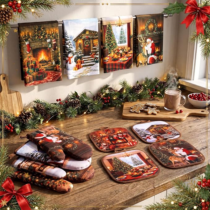 Silifine 12 Pcs Christmas Oven Mitts Pot Holders Kitchen Towels Sets | Vintage Christmas Accessories, Santa Claus, Nutcracker, Reindeer, Holiday Kitchen Set for Baking Cooking Housewarming Gift