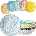 vancasso 8.5" Pasta Bowls Set of 6, 40 oz Porcelain Shallow Salad Bowls, Serving Bowls Large Kitchen Bowl Plates Pasta Dishes Plates, Colorful Floral Design, Microwave Safe, Series SELENE