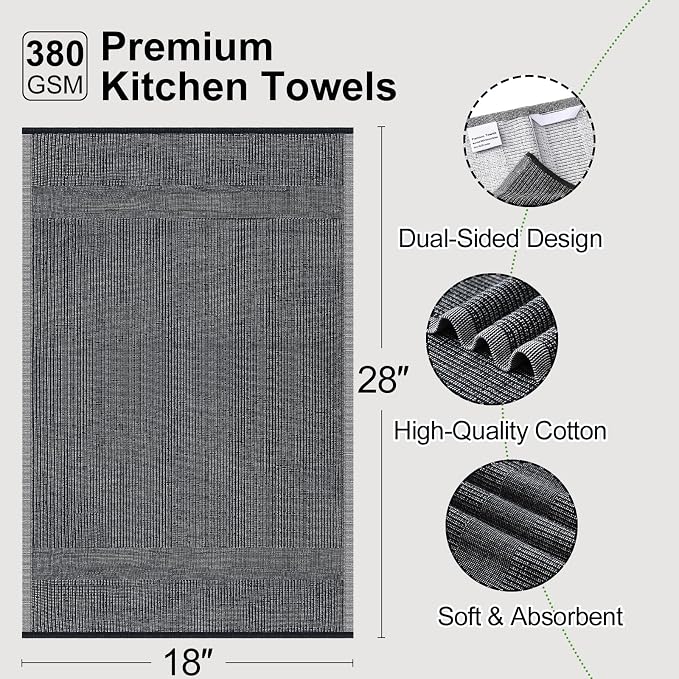 Mordimy Premium Large Cotton Kitchen Towels (18"x 28", 8 Pack), Black | 100% Ring Spun Cotton, Super Absorbent, 380 GSM, Flat & Terry, Soft, Hanging Loop Dish Towels