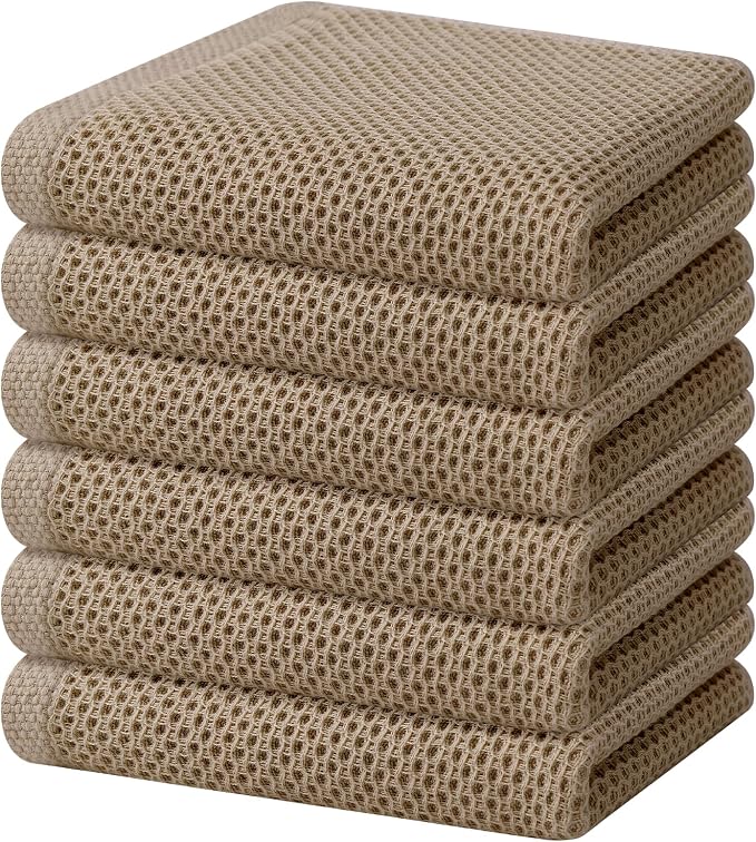 Homaxy 100% Cotton Waffle Weave Kitchen Dish Towels 6-Pack, Tan | 13 x 28 Inches, Ultra Soft Absorbent Dish Towels, Quick Drying Cleaning Towels