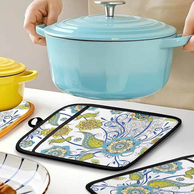 Boho Floral Oven Mitts Set, Vintage Luxury Blue and Gold Flower Floral Heat Resistant Kitchen Oven Gloves for Baking and Cooking,Pot Holders