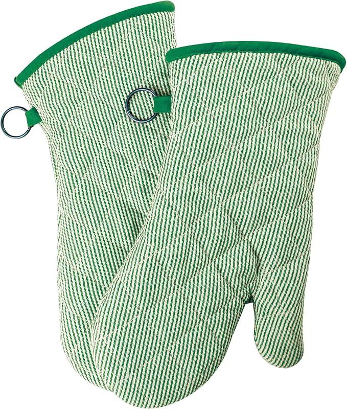 Yarn Dyed Oven Mitts 1 Pair, 100% Cotton Heat Resistant 470 Degree | Oven Gloves for Men Women Cooking Baking Barbecue BBQ Microwave Crafting Machine Washable Pot Holders Mittens (Green 2)