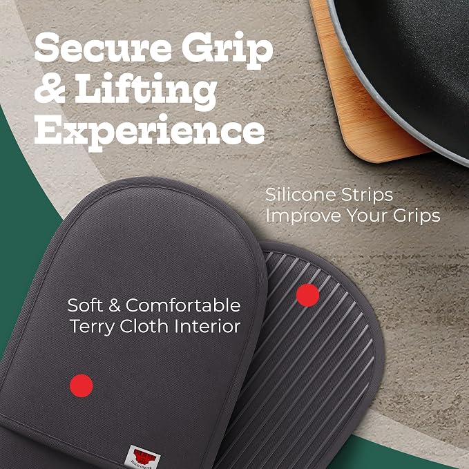 Grey Double Oven Mitt Kitchen Protection, Pack of 1 34x7.5 inches Heat Resistant Cotton, Professional Grade with Terrycloth Lining