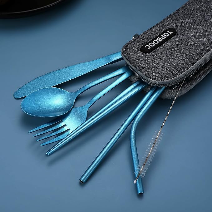 Portable Stainless Steel Flatware Set, Travel Camping Cutlery Set, Portable Utensil Travel Silverware Dinnerware Set with a Waterproof Case (Light Blue)