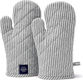 Encasa XO Oven Mitts, Heat Resistant Kitchen Gloves, Microwave | Ticking Black, 100% Cotton | Diamond Quilted Insulation | Pot Holders | Hanging Loop | Barbecue & Grill | Set of 2