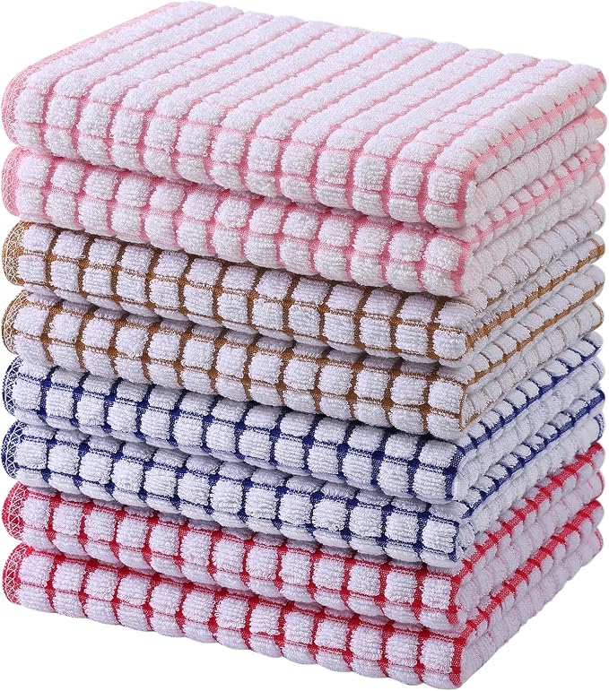 Mordimy Cotton 8 Pack Terry Kitchen Towels, 16 x 25 Inches | Super Soft and Absorbent Dish Towels, Quick Drying Hand Towels for Kitchen Drying, Blue/Pink/Red/Brown