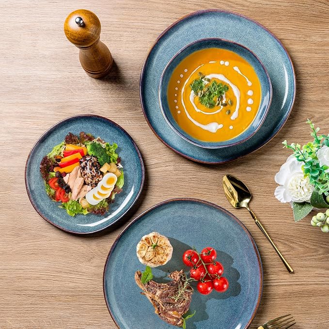 AmorArc Ceramic Dinnerware Sets for 4, 12Pcs Plates and Bowls Sets Dishes | Stoneware Handmade Reactive Glaze Dinner Set, Highly Scratch Resistant | Dishwasher & Microwave Safe Dishware