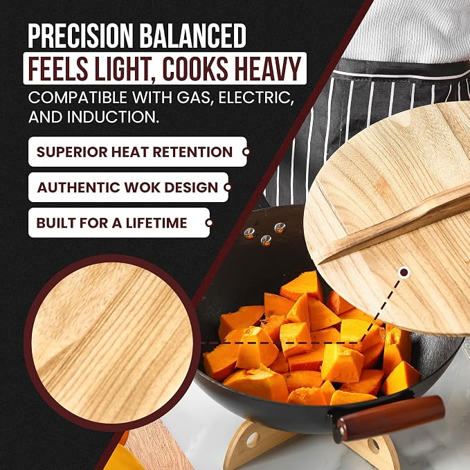 Pre-Seasoned Cast Iron Nonstick Stir-Fry Pan | Dual Handles & 4 Spatulas | Flat Bottom Wok with Wooden Lid & Wood Handle | Traditional Chinese Induction Wok (36Cm)