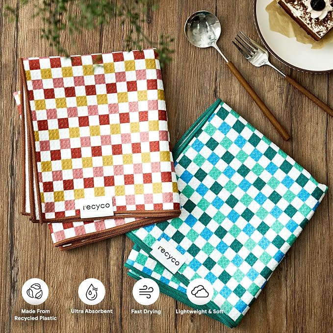 RECYCO Waffle Kitchen Towel Set of 2 - Quick Dry Microfiber Sustainable Dish Towels - Ultra Absorbent Reusable Cleaning Tea Towels - Lightweight Hand Towels,16”x 28”, Checkerboard Bliss