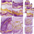 Leinuosen 8 Pcs Purple and Gold Marble Kitchen Towels and Dishcloths Sets Oven Mitts and Pot Holders Absorbent Kitchen Gloves Potholders Heat Resistant for Chef Baking Cooking