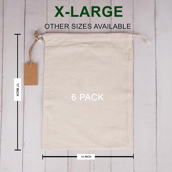Marubhumi Cotton Storage Bags with Drawstrings X-Large 14x17 Multipurpose 6 Pcs Muslin Bulk Flour Sack Bags Food Produce Natural Potato Onion Bag