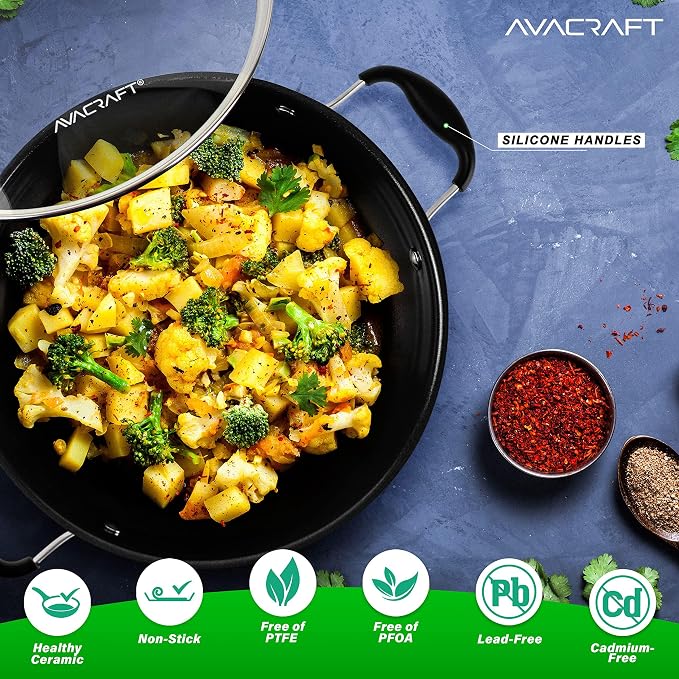 AVACRAFT Nonstick Everyday Pan, 9 inch, Ceramic Coating, Stainless Steel, Induction Compatible, Dishwasher Safe | PFAS-Free Ceramic Coating, Stainless Steel Body, Deep Multipurpose Design, Induction Compatible, Dishwasher Safe