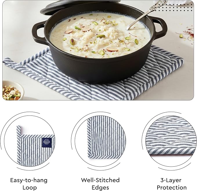 Encasa XO Oven Mitts and Pot Holders Set, Heat Resistant Cotton | Ticking Navy Blue, Diamond Quilted | Non-Slip Grip | Microwave & Oven Safe | Hanging Loop | Machine Washable | Set of 2