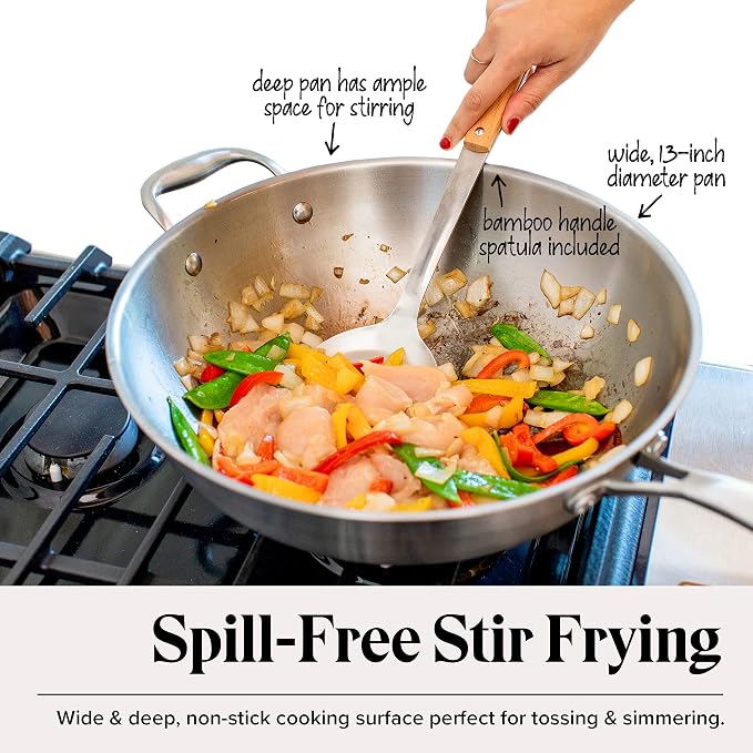 Willow & Everett Stainless Steel Flat Bottom Wok Pan, Professional Traditional Stir Fry Cookware w/Domed Lid & Spatula, Low Maintenance Rust & Scratch Resistant for Induction Gas Electric Stove Top