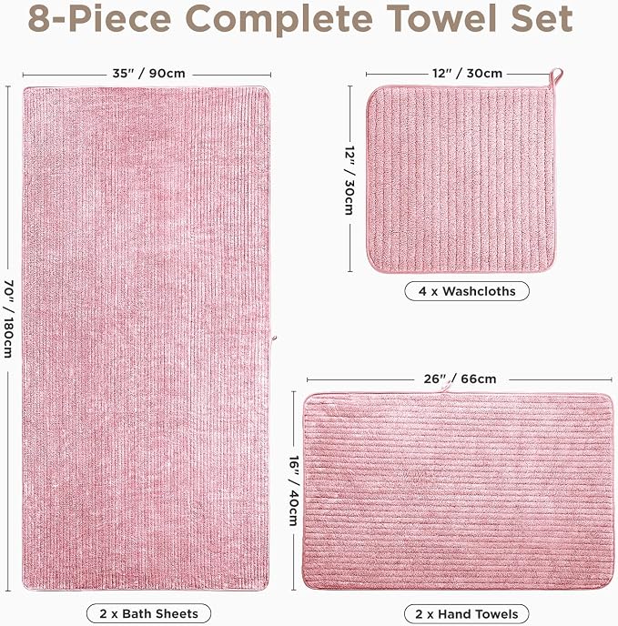 8 Piece Bath Towels Set, 2 Oversized 35 * 70 in Bath, 2 Hand, 4 Wash | Luxury Soft Microfiber, Super Absorbent Thick, Quick Dry, Shower Towels for Bathroom, Spa & Hotel, Pink