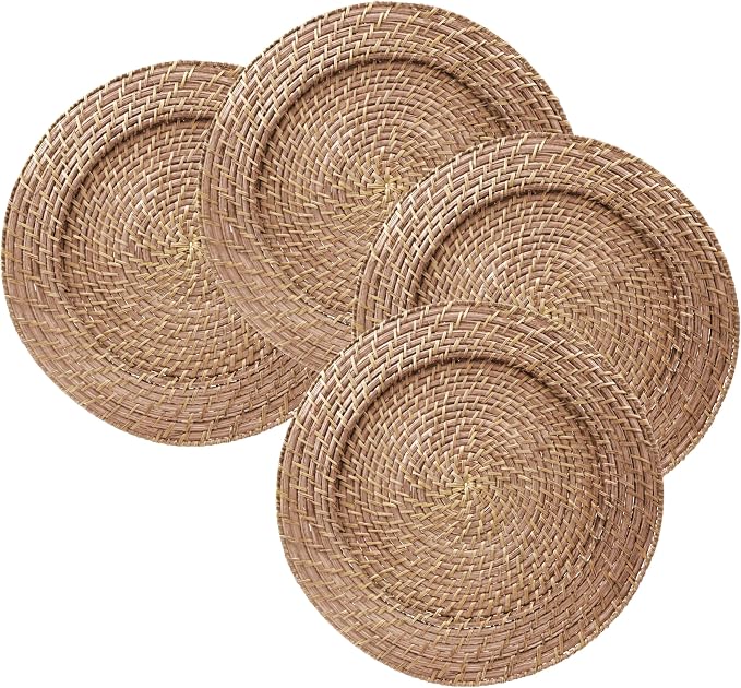 Ch, Charge it by Jay Harvest Round Rattan Charger Plate - Set of 4, brown | Handwoven Natural Rattan With Warm Finish, 13x13in Round Fit For Dinner Plates, Durable Charger Set For Weddings & Banquets