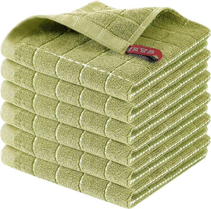 Homaxy 100% Cotton Terry Kitchen Dish Cloths, 6 Pack, Sage Green | Ultra Soft and Absorbent, Suitable for Drying and Washing Dishes