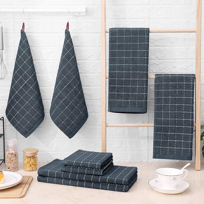 Homaxy Kitchen Towels and Dishcloths Set, Set of 10, Dark Grey | Bulk Cotton Terry Kitchen Towels, Checkered Designed, Soft and Super Absorbent Dish Towels, 12 x 12 and 13 x 28 Inches