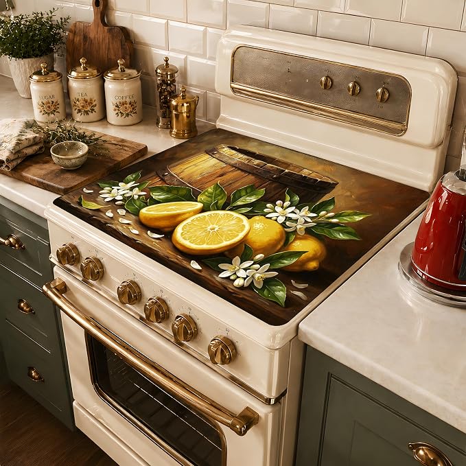 Lemon Floral Stove Top Cover 28.3 x 20.5 Inch, Rustic Farmhouse Glass Cooktop Protector Mat, Vintage Citrus Barrel Electric Range Cover for Kitchen Counter Decor (Lemon Yellow)