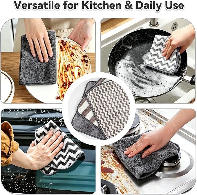 Microfiber Cleaning Cloths, 6 Pack Gray Kitchen Towels | 12x12 Inch, Ultra Soft Absorbent, Lint Free Dish Towels with Hanging Loop, Reusable for Kitchen, Car & Household