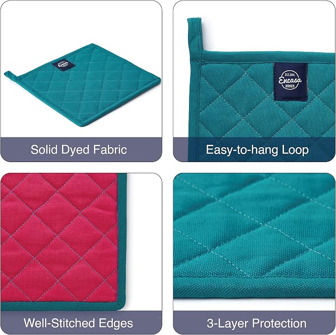 Encasa XO Pot Holders, Quilted Kitchen Hot Pads 8"x8" Azul Blue | 100% Heavyweight Cotton | Quilted Insulation | Multipurpose Trivets & Hot Pads | Hanging Loop | Set of 2