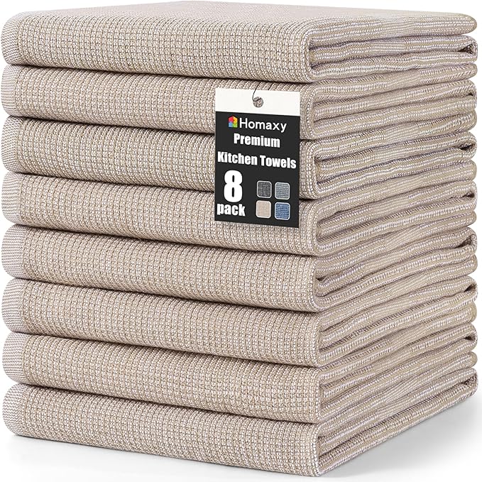 Homaxy 380 GSM Cotton Premium Kitchen Towels 8 Pack, 18"x 28", Khaki | Flat and Terry Dish Towels, Highly Absorbent Tea Towel Set with Hanging Loop, Soft Utility Kitchen Hand Towels