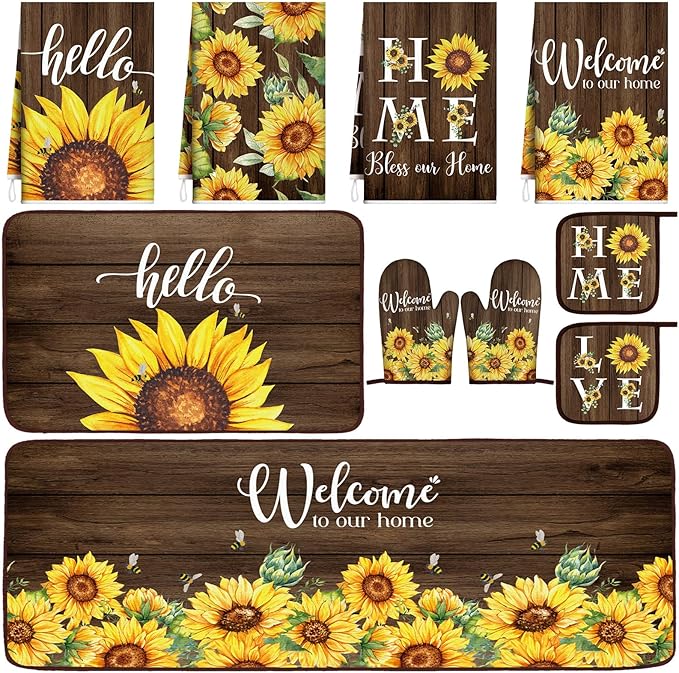 Fourluoo 10 Pcs Sunflower Kitchen Set Kitchen Towels and Rugs Mats Oven Mitts and Pot Holders Sets Brown Woodgrain Decor for Cooking Baking Grilling Gift