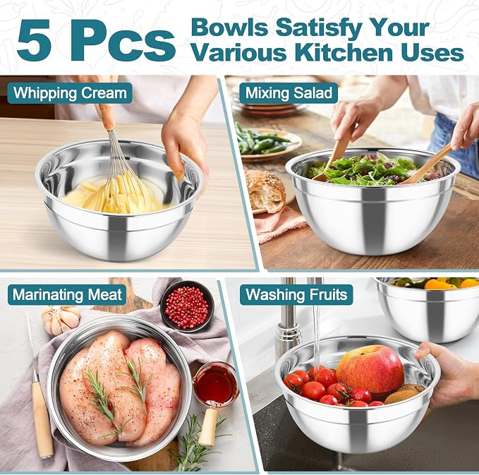 TeamFar Mixing Bowls, Stainless Steel Salad Serving Bowl with Clear Lids | with 3 Graters, For Kitchen Cooking Prepping Storing, Size 4.6/2.6/1.5/1/0.7 QT, Nesting & Airtight, Set of 5 & Blue