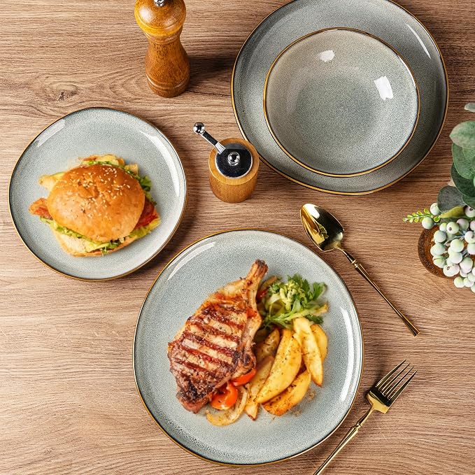 AmorArc Ceramic Dinnerware Sets for 4, 12Pcs Plates and Bowls Sets Dishes | Stoneware Handmade Reactive Glaze Dinner Set, Highly Scratch Resistant | Dishwasher & Microwave Safe Dishware