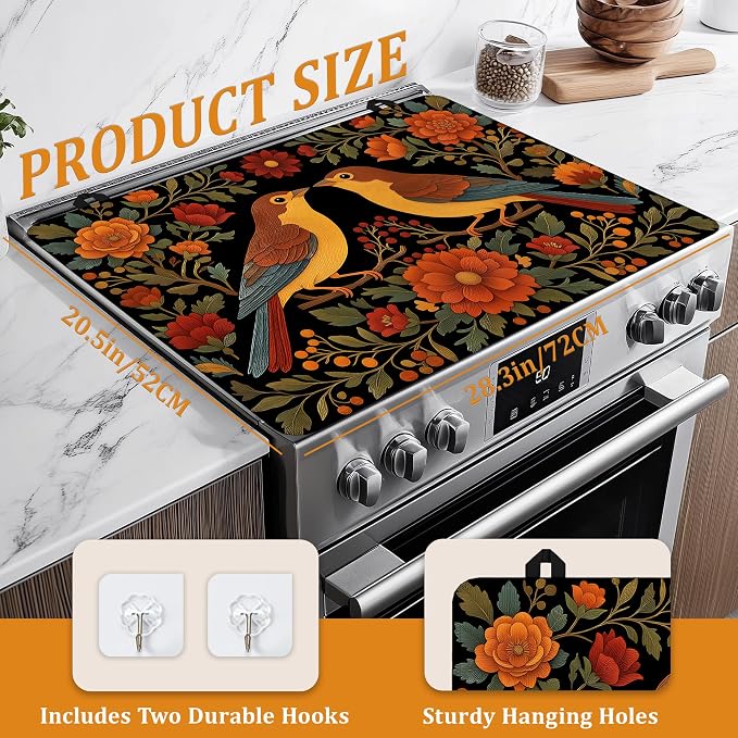 Vintage Birds Flowers Stove Top Covers for Electric Stove,Retro Glass Top Stove Cover, Heat Resistant Range Covers for Electric Stove,Washable Countertop Mat, 28 x 20 Inch