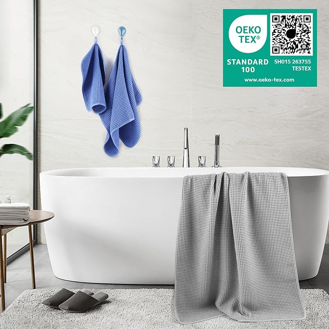 POLYTE 430 GSM Poly Blend Microfiber Quick Dry Waffle Bath Towel Set of 6 | 2-Body Towels, 2-Hand Towels, 2-Wash cloths, Oversize, Lint Free