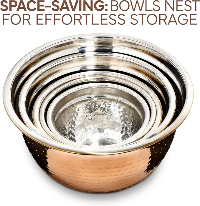COOK WITH COLOR 18 Piece Mixing Bowls Set with Airtight Lids, Handcrafted Stainless Steel Bowls, Food Storage Containers, Meal Prep, Nesting Salad Bowls For Cooking, Baking, Kitchen, Copper - Hammered
