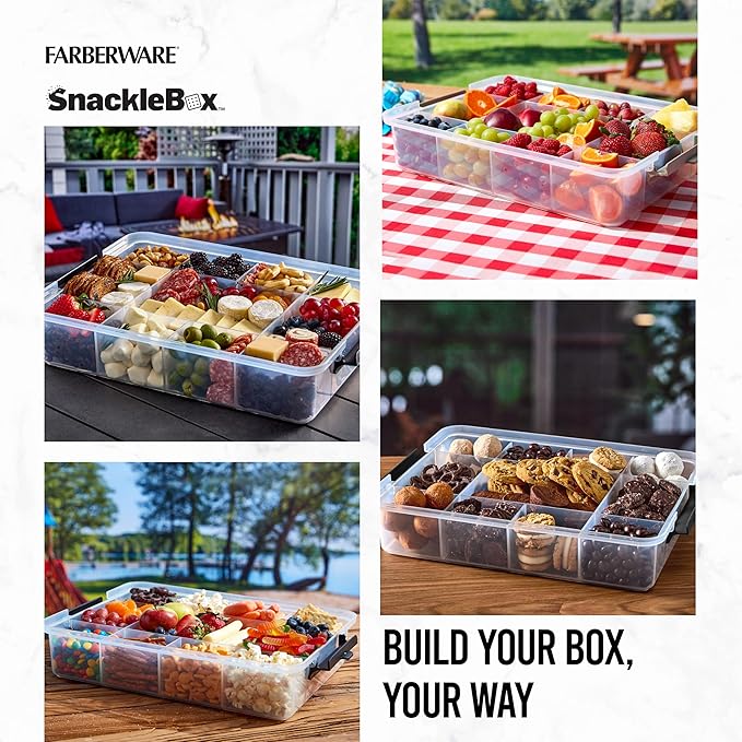 Farberware Snacklebox 11x16 Inch Bamboo Cutting Board Lid with 11-Compartment PP Snack Box, Locking Handles for Travel - Charcuterie Board with Lid for Picnics, Road Trips, and Outdoor Entertaining