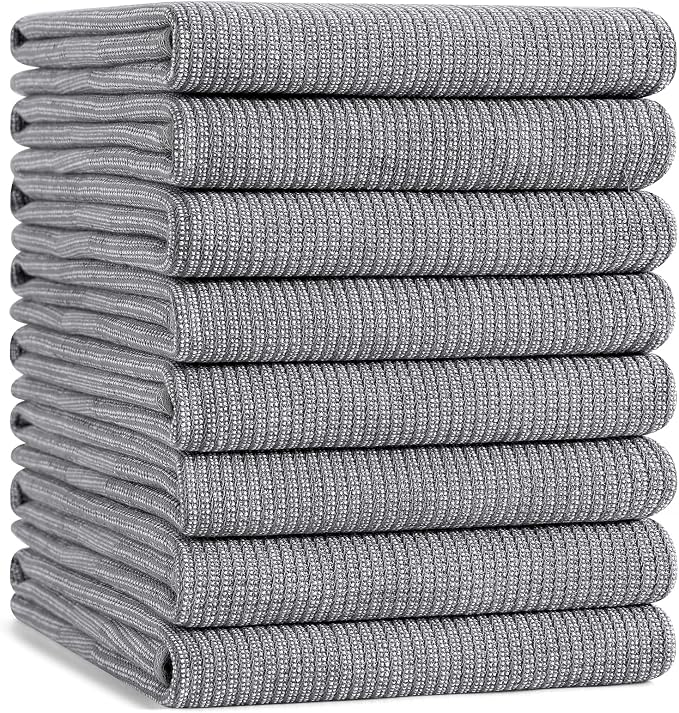 Mordimy Premium Large Cotton Kitchen Towels (18"x 28", 8 Pack), Grey | 100% Ring Spun Cotton, Super Absorbent, 380 GSM, Flat & Terry, Soft, Hanging Loop Dish Towels