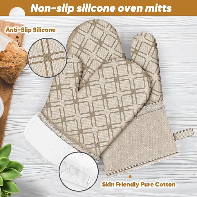 Oven Mitts and Pot Holders Set with Dishcloths, 500 Degree Heat Resistant Oven Gloves and Hot Pads, Premium Soft Cotton Kitchen Mittens and Dish Cloth Sets-Beige