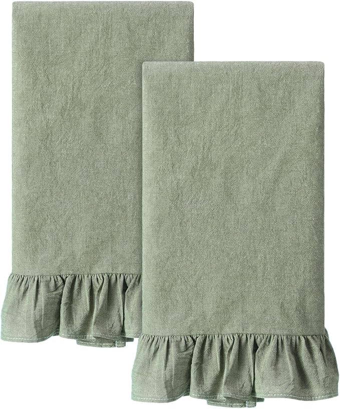 HunnmingRe Sage Green Kitchen Towels Set of 2, 100% Cotton Retro Ruffled Dish Towels 18"x28" Absorbent Tea Cloths for Farmhouse Charm, Drying Dishes, Entertaining Guests